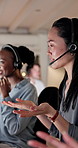 Night, woman and talk in office with telemarketing, advice and insurance comparison for lead generation. Late, coworking and person in call center with bokeh, insight and discussion for policy sales.