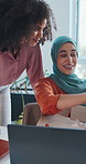 Open, friends or business people with package in office, ecommerce delivery or clothes discussion. Bonding, happy coworkers or Muslim woman with hijab in workplace, show apparel or order arrival