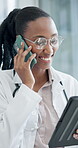 Doctor, phone call and woman with tablet in hospital, telehealth and explaining diagnosis on website. Medical specialist, laughing and black person with mobile, healthcare and good news in clinic
