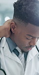 Man, doctor and stress with neck pain in clinic for job strain, healthcare pressure and massage. Health professional, black person and muscle tension from burnout, inflammation and hospital workload