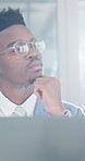 Thinking, business and black man on laptop for finance review, investment proposal and solution. Corporate, reflection and person on computer for financial decision, planning and budget in office