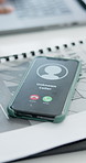 Person, hands and phone with unknown caller in office for business scam, fraud or decline. Employee, typing or working on computer with mobile smartphone, ring or request for rejection in workplace