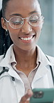 Phone, doctor and black woman in hospital for healthcare, wellness email and digital results. Mobile, smile and medical worker in clinic for telehealth research, online report or check schedule