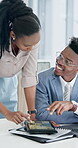 Meeting, discussion and business people with tablet in office, proposal check and project feedback. Smile, manager and African staff with tech screen for presentation evaluation, planning or teamwork
