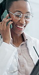Doctor, phone call and woman with tablet, consultation and explaining diagnosis on web or telehealth. Medical specialist, communication and black person with mobile, happy and good news in clinic