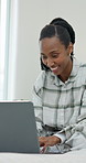 Happy, woman and laptop in bed with remote work, typing email response and daily HR administration. Black person, smile and morning in home with computer, human resources contractor job and planning.