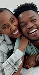 Face, couple and hug in bed with laugh, funny joke and relax together for lazy morning on weekend. Happy, black people dating and bonding in home with embrace, humor and connection for relationship.