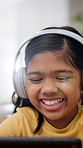 Happy, kid and tablet with headphones for elearning, teaching platform or virtual education. Flare, girl child or smile with tech in home for online lesson, distance learning or knowledge development