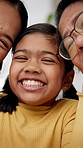 Happy, face and child with family, home and laughing with grandma on weekend, bonding and connection. Portrait, senior mother and affection for daughter, love and people with kid on break in house