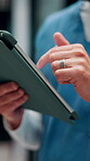 Scroll, nurse and hands with tablet in hospital, medical journal or email for healthcare publication. Review, typing and person with newsletter for clinical treatment policy, tech and research