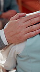 Mental health, group therapy or hand with comfort, support circle or understanding in counseling. Psychology, back or people in center with shoulder touch, empathy or sharing story for advice.