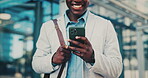 Happy, businessman and hands with phone in city, travel and attorney with good news on social media. Outdoor, lawyer and person with mobile for chat, commuting and reading positive feedback on web