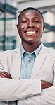 Face, business and black man in city with arms crossed, career pride and about us for real estate. Portrait, smile or male person with confidence, positive attitude and realtor consultant for auction