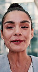 Face, businesswoman and laugh on video call in city for pitch feedback, story approval or travel. Commute, happy pr specialist and virtual chat outdoor for campaign update, influencer briefing or POV