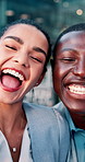 Happy, face and business people with selfie in town for photography, memory or capture moment. Portrait, interracial friends or company relationship with smile for picture together in an urban city
