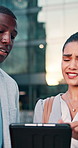 City, discussion and business people with tablet for bad news, investment mistake or rejection. Upset, businessman and woman with disappointment or technology for inflation or economic risk in town