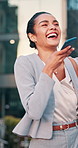 Voice note, laugh and woman in city for travel, walking or morning with phone for work trip. Professional person, tech and urban commute with sales humor, conversation and comedy for business deal