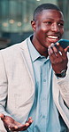 Voice note, excited and black man in city for business, travel or walking with phone for work trip. Professional person, tech and good news with opportunity, chat and commute or schedule interview