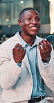 Voice note, celebration and black man in city for business, travel or walking with phone for work trip. Professional person, tech and good news with opportunity, chat and commute or interview success