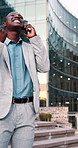 Phone call, celebration and black man in city for opportunity, travel or walking with smile for work trip. Professional person, tech and good news with business, chat and commute or interview success