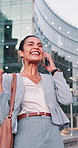 Phone call, celebration and woman in city for success, travel or walking with smile for work trip. Professional person, tech and good news with opportunity, chat and commute or business interview