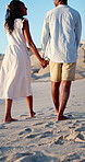 Walking, laugh and couple holding hands on beach, funny partner and holiday adventure for travel trip. Support, love and black people with joke for connection, coastal vacation and happy for bonding