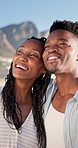 Smile, beach and hug with black couple for love, romance and honeymoon celebration or travel. Holiday, embrace and man with woman for happiness, marriage and seaside with relationship and summer