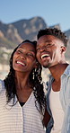 Smile, beach and love with black couple for view, romance and honeymoon or vacation for travel. Holiday, embrace and man with woman for happiness, marriage and seaside with relationship and summer