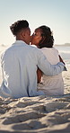 Relax, kiss and couple with support on beach, romantic moment and bonding for anniversary holiday. Love, affection and black people with island vacation for connection, summer break and smile in Bali