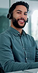 Face, business and man at call center with headset, consultation or advice for customer service. Portrait, male person and consultant in office with mic, crm assistance and telecom for client inquiry