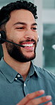 Happy, business and man at call center with headset, consultation or advice for customer service. Male person, talking and consultant in office with mic, crm assistance and telecom for client inquiry
