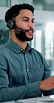 Smile, business and man at call center with headset, consultation or advice for customer service. Male person, talking and consultant in office with mic, crm assistance and telecom for client inquiry