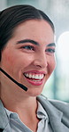 Happy, business and woman at call center with headset, consultation or advice for customer service. Female agent, talk and consulting in office with mic, crm assistance and telecom for client inquiry