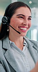 Smile, business and woman at call center with headset, consultation or advice for customer service. Female agent, talk and consulting in office with mic, crm assistance and telecom for client inquiry