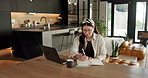 Student, woman and writing in home with laptop, diary or test schedule for distance learning college. Asian person, notes and reminder with computer, online education or exam calendar for university.