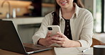 Phone, hands and businesswoman with laptop in home with remote work for email on finance report approval. Computer, freelancer and female financial advisor on cellphone for investment in house.