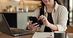 Phone, laptop and hands of businesswoman in house with remote work for email on finance report. Computer, freelancer and female financial advisor with app on cellphone for investment approval in home