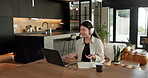 Woman, laptop and video call with remote work from home with headphones, happy and discussion on web. Person, contact and virtual assistant with computer, review and smile for feedback at apartment