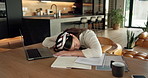 Woman, sleeping and burnout with laptop in home for remote work, deadline and paperwork for startup. Tech, documents and tired freelance person with fatigue, rest or exhausted with project overtime