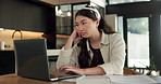 Frustrated, woman or bored with laptop in home for mistake, slow internet or network issue. Tired, female person or user with computer, documents or connection for online report, or delay in house