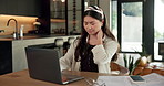 Neck pain, pressure or Asian woman in home with laptop, burnout or joint massage with remote work. Tendinitis, bad posture or freelancer with technology, discomfort or fatigue in cervical sprain.
