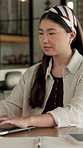 Creative, freelancer and woman with laptop in house, typing and plan for article publication on web. Remote work, home and Asian person with tech for story development, online or writer with research