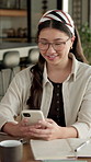 Student, woman and typing in home with phone, check social media or blog for online university break. Asian person, smile and study with distance learning college, education or tech for text message.