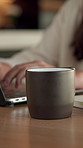 Business, woman or coffee cup in office with steam, hot beverage or caffeine benefits in productivity. Drink, tech or employee with mug, espresso energy or efficiency improvement in work performance.