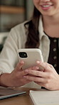 Woman, hands and typing in home with phone, blog or student check social media for online college break. Happy, person and browse with distance learning university, education or tech for text message