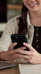 Woman, hands and typing in house with phone, blog or student check social media for online college break. Person, browse or scroll with tech, elearning university, education or smile for text message