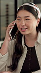 Woman, smile and phone call for remote work in home with event planning, vendor feedback or schedule. Asian person, happy freelancer and talking with mobile, coordination or typing for venue budget