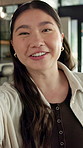 Face, video call and woman in home with smile, greeting and communication in living room. Conversation, portrait and person with internet, talking and app for online chatting, pov and live streaming