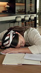 Sleep, university student and woman in home with burnout, exhausted and education fatigue at desk. Nap, person and tired in apartment with college pressure, assignment deadline and low energy