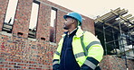 Construction, man and building inspection outdoor for masonry safety, progress and compliance. Civil engineer, black person or monitor development for defect management, quality control and low angle